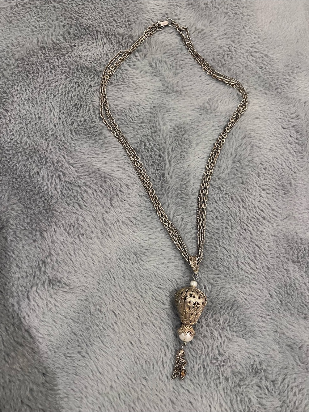 Silver Tone Layered Rolo Chain Necklace Filigree Pearl Tassel Pendant 24 in